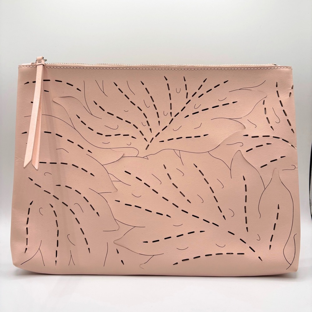 Banana Republic Pink Leather Clutch, Laser Cut Leaf Large Zip Pouch, 12x8 boho